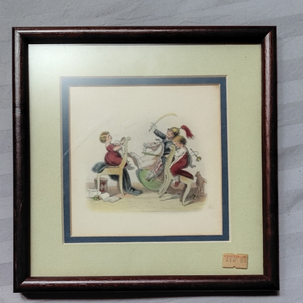 1852 French Vintage Framed Illustrated Print with Pastel Matting
